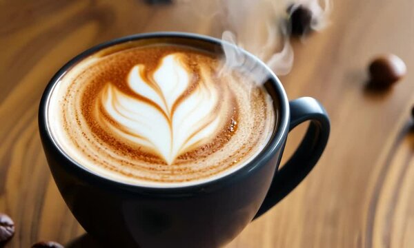 Cup of coffee with latte art in a black mug on a wooden table, creating a warm and inviting coffee shop atmosphere.