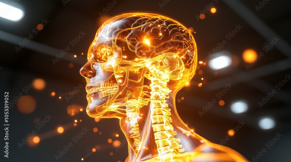 Poster exploring the intricacies of the human mind and body through a futuristic transparent anatomy visual