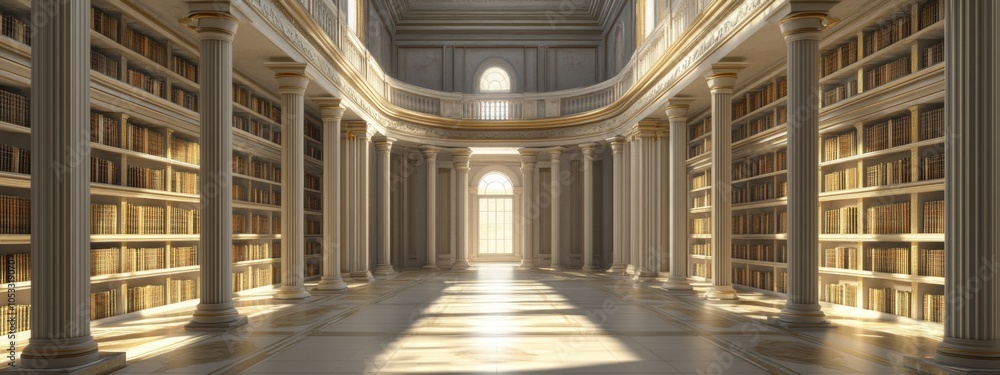 Poster symmetrical classical library featuring grand columns, towering bookshelves, and an inviting atmosph