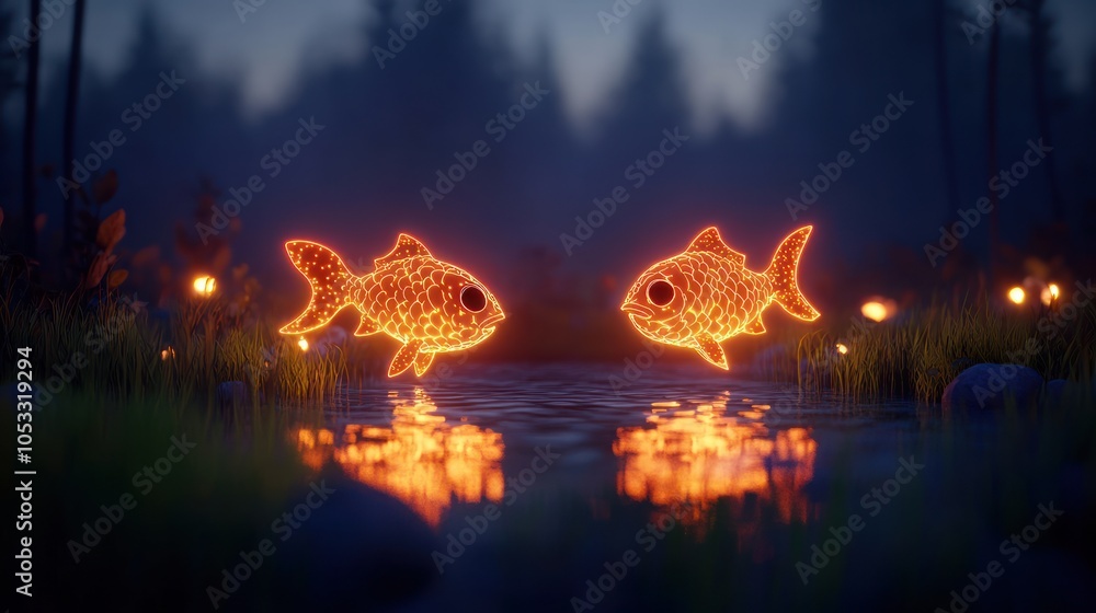 Poster glowing fish creatures illuminating the tranquil waters amidst a mystical forest setting at dusk