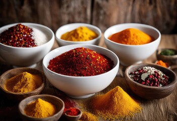 close vibrant spices arranged pristine bowls showcasing rich colors textures, herb, seasoning, cuisine, turmeric, saffron, cumin, coriander, paprika