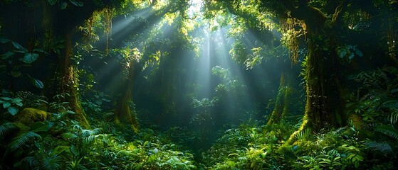 Obraz premium A breathtaking view of a lush green forest, illuminated by soft rays of sunlight piercing through the canopy, creating an enchanting and serene atmosphere.