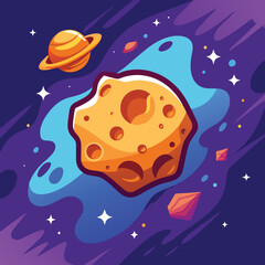 Fototapeta premium A cartoon asteroid hurtles through space, surrounded by glowing stars and planets. The colorful illustration evokes a sense of wonder and adventure.