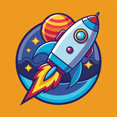 A cartoon rocket ship blasts off into space, leaving a trail of fire behind it. 