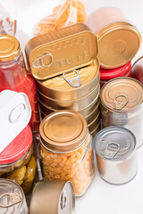 Food Reserves: Canned Food, Spaghetti, Pate, Tuna, Tomato Juice, Pasta, Fish and Grocery. Emergency Food Storage in Case of Crisis. Strategic Food Supplies