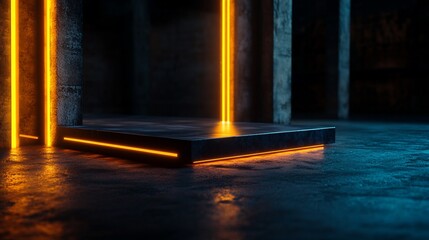 A dark concrete room with glowing orange neon lights and a platform in the center.