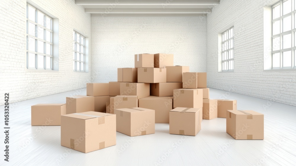 Poster a modern workspace with stacked cardboard boxes in a bright room for organization and storage soluti