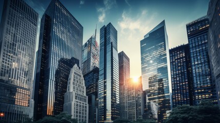 Fototapeta premium Architectural landmarks in a bustling metropolis featuring iconic skyscrapers