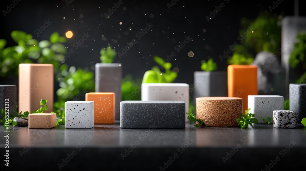 Poster A stunning array of textured geometric shapes surrounded by lush greenery capturing the essence of modern aesthetics