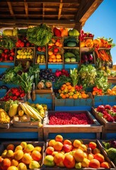 Obraz premium vibrant fresh produce layout displayed natural settings colorful fruits vegetables lively market experience, arrangement, colors, aesthetic, baskets, rustic