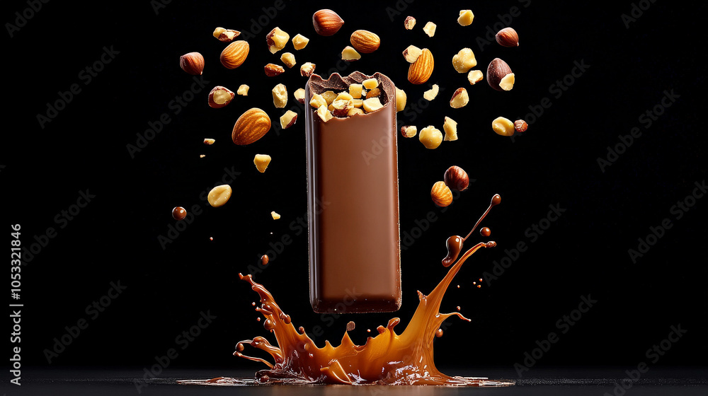 Poster chocolate bar with nuts and splash: indulge your senses with this captivating image of a dark chocol
