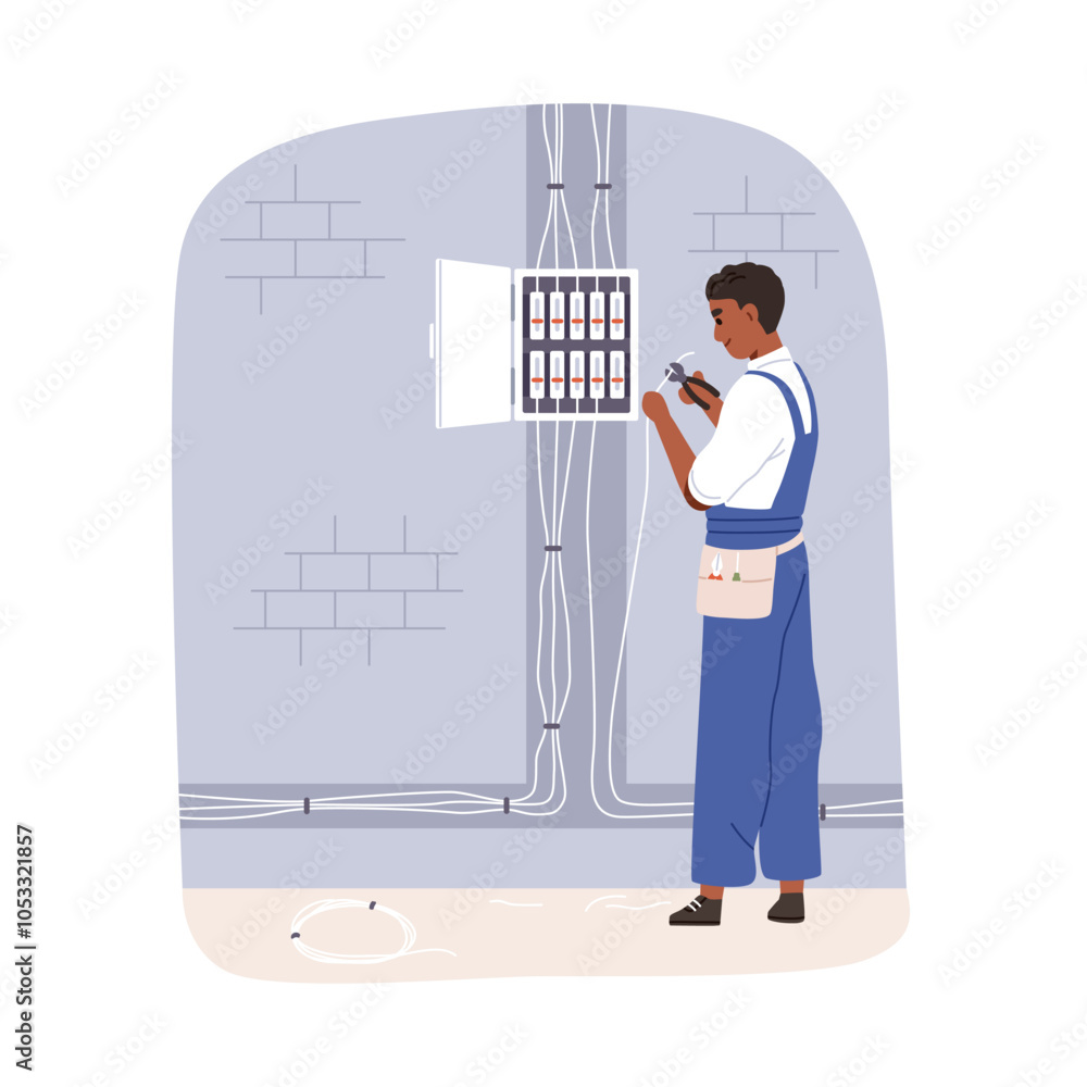 Poster electrician works with fuse box and wiring. professional worker repairing electrical panel, fuseboar