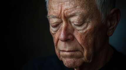 Fototapeta premium An elderly man sits with his eyes closed, lost in thought, illuminated by gentle natural light, evoking a sense of peace and introspection in a tranquil setting.
