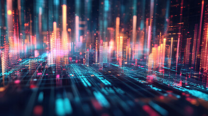 Obraz premium Digital data visualization with vibrant colors and glowing bars representing data trends and forecasts. This futuristic design illustrates concept of data analysis and technology