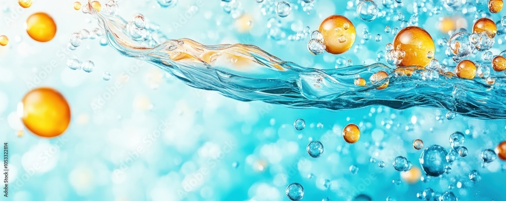 Poster dynamic fusion of water and bubbles a visual exploration of fluidity and color in nature's elements