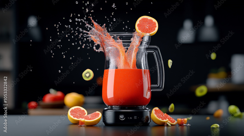 Poster vibrant citrus burst: juicy grapefruit and kiwi slices explode into a refreshing blend, creating a d