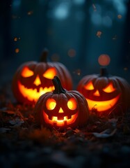 Naklejka premium Halloween jack-o-lantern pumpkins on a spooky dark field in the night, halloween background wallpaper