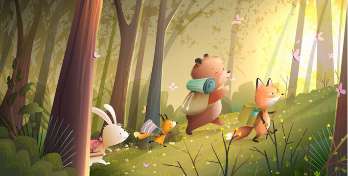 Wild animals with backpacks hiking in the forest. Bear fox rabbit and squirrel going on adventure in the woods among trees. Illustration for kids story or fairy tale. Vector cartoon for children.