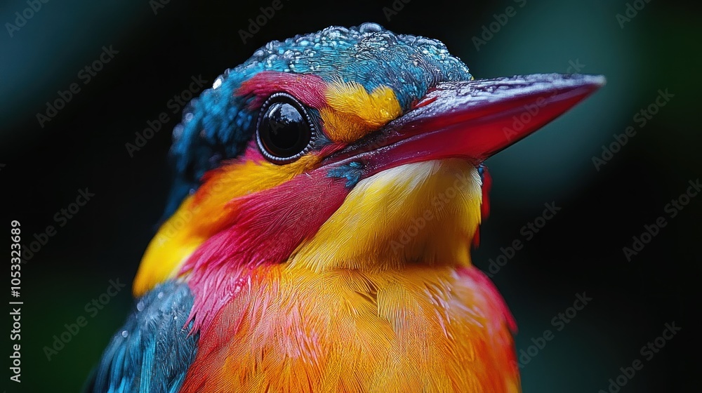 Wall mural a close-up portrait of a colorful kingfisher with water droplets on its feathers, looking directly a