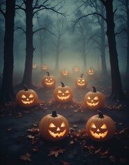 Halloween jack-o-lantern pumpkins on a spooky dark field in the night, halloween background wallpaper