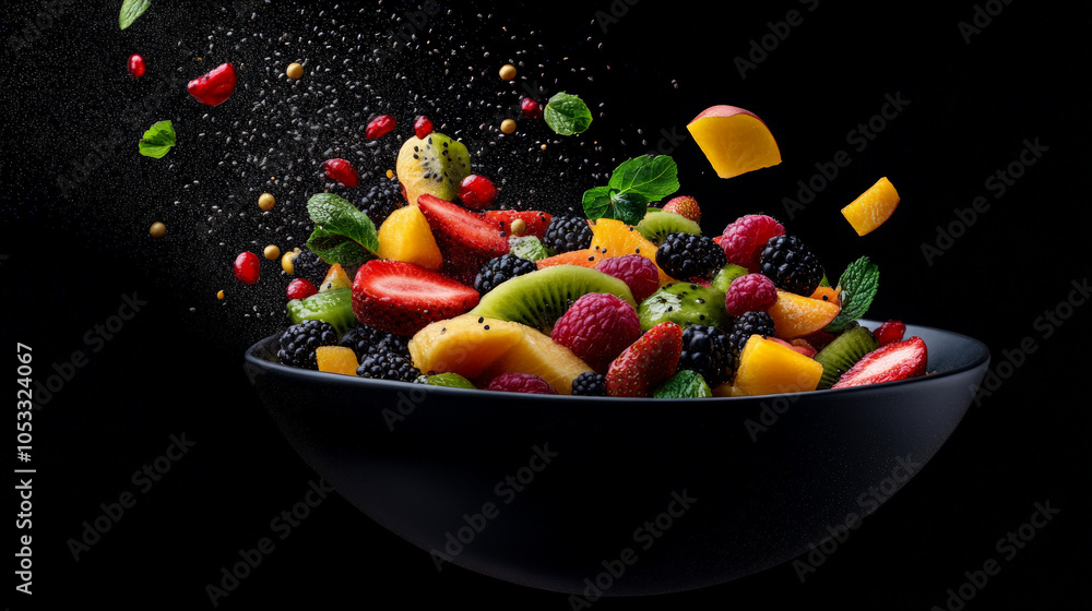 Poster fruit explosion: a vibrant burst of fresh fruit explodes from a black bowl, creating a dynamic and d