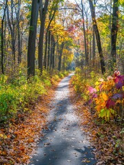 Obraz premium A serene pathway through a vibrant autumn forest, lined with colorful leaves.