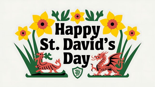 A Happy St. David's Day Greeting with Daffodils and Welsh Dragons