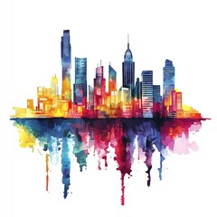 Fototapeta premium Colorful watercolor city skyline with reflections, vibrant hues on white isolated background.