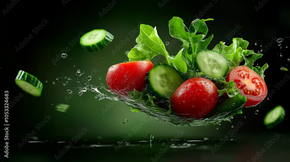 Poster fresh salad splash: vibrant tomatoes and cucumbers suspended in mid-air, creating a dynamic splash o