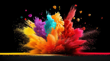 Colorful powder explosion on black background creates vibrant and dynamic visual effect, showcasing mix of bright hues like yellow, pink, orange, purple, and blue