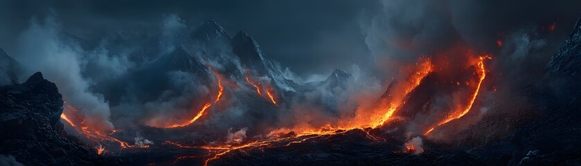 Fototapeta premium Molten Lava Flowing Through a Mountainous Landscape