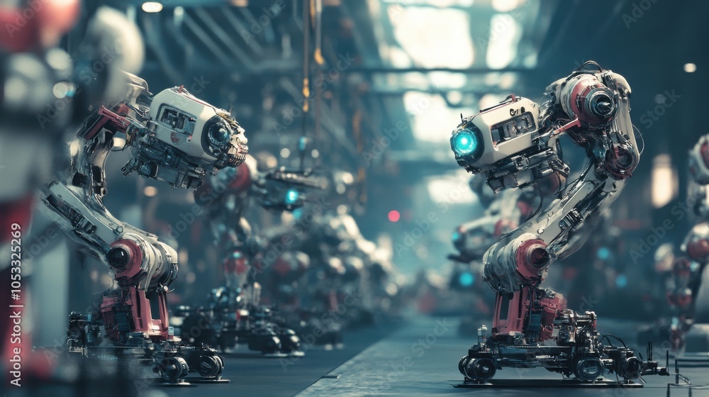 Poster industrial robots: automated robots assembling products in a high-tech manufacturing facility