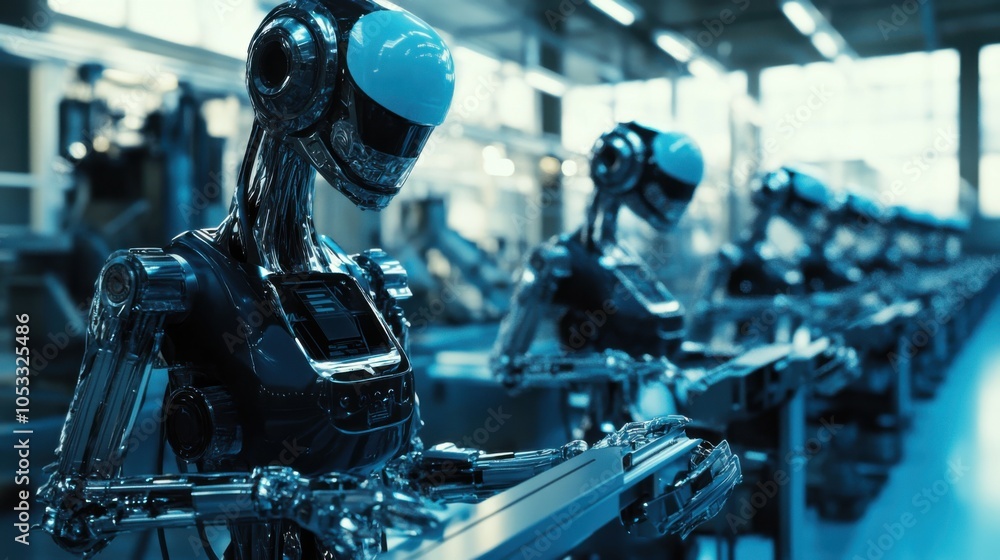 Poster industrial robots: automated robots assembling products in a high-tech manufacturing