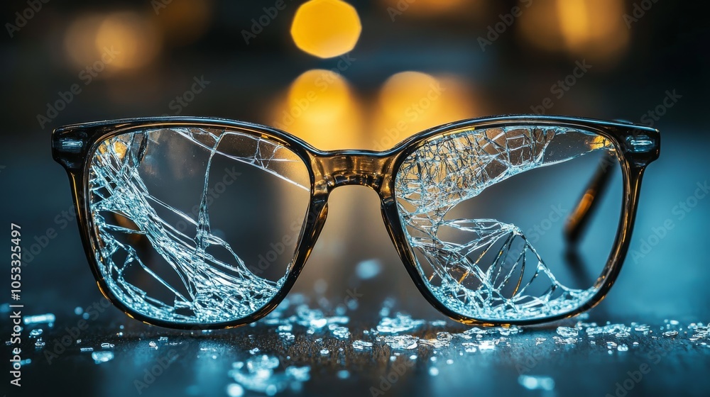 Poster a close-up view of broken glasses with cracked lenses, set against a blurred background with warm bo
