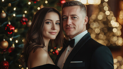 Attractive young family couple in beautiful outfits against Christmas tree background