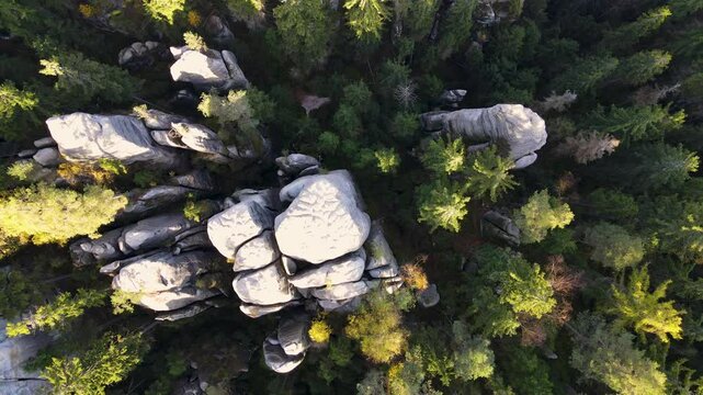 Aerial view of the Teplice Rocks, landscape of the Adrspach-Teplice Mountain Park in the Broumov Uplands region of Bohemia, Czech Republic