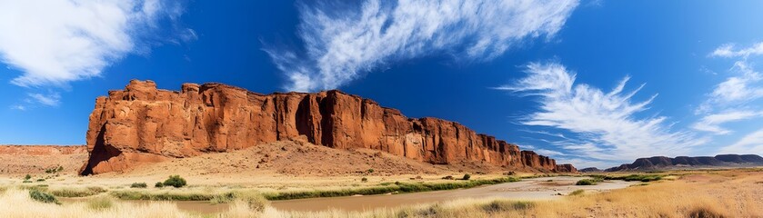 Fototapeta premium A River Flows Past a Red Rock Cliff in a Dry Desert Landscape