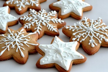 A collection of beautifully decorated star-shaped cookies featuring intricate white icing designs, perfect for festive celebrations.