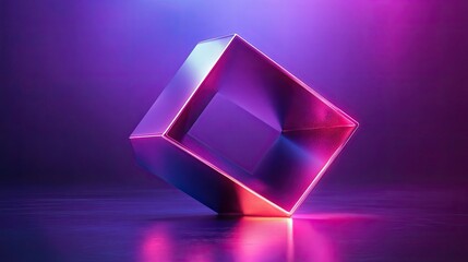Fototapeta premium A metallic square frame with a glowing neon light effect on a dark purple background.