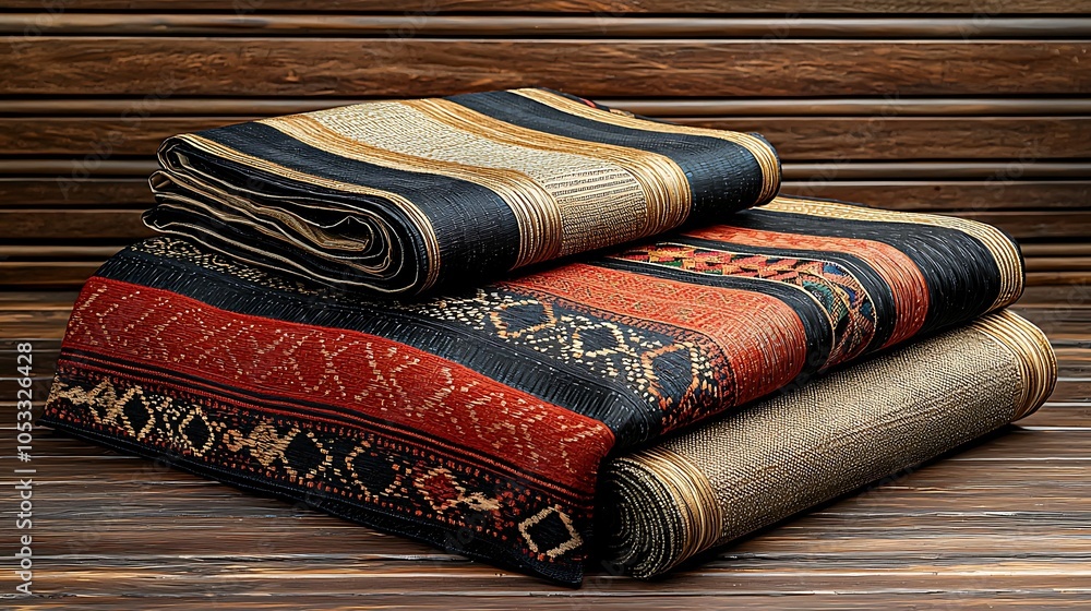 Poster vibrant handwoven textiles displaying intricate patterns and cultural heritage of craftsmanship in a