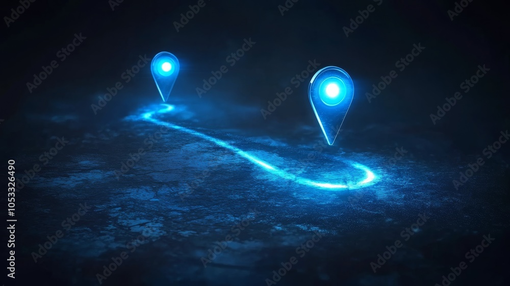 Poster the image showcases two glowing blue location markers connected by a luminous path, suggesting navig