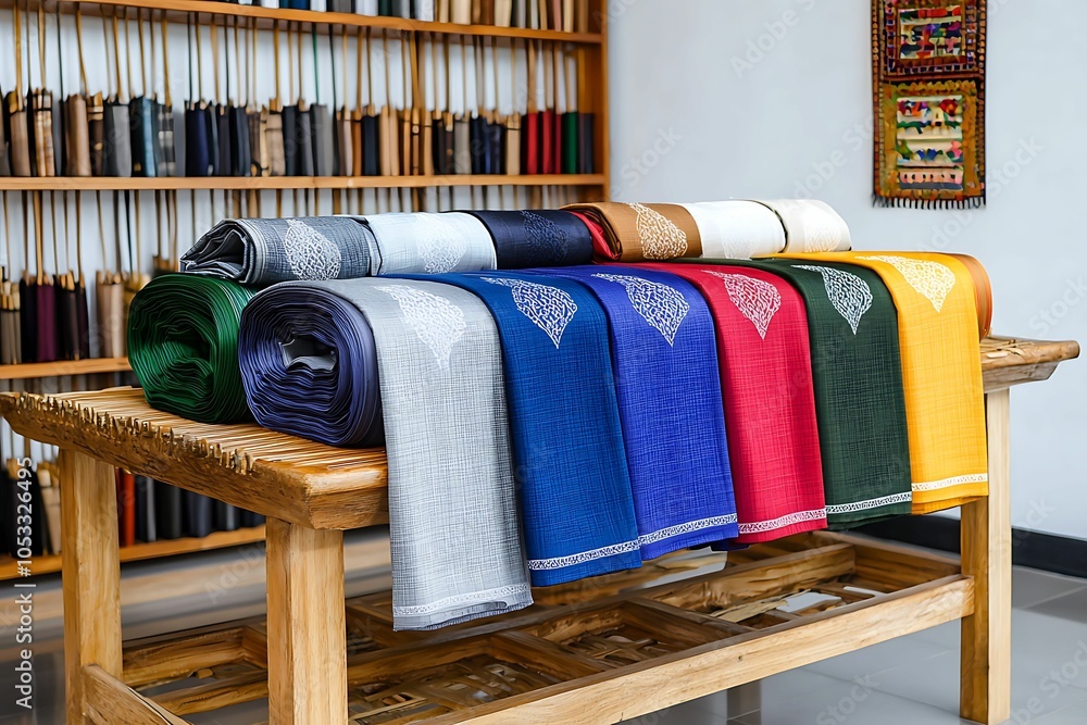 Aufkleber vibrant collection of handcrafted textiles displayed on a wooden table in a modern setting showcasin