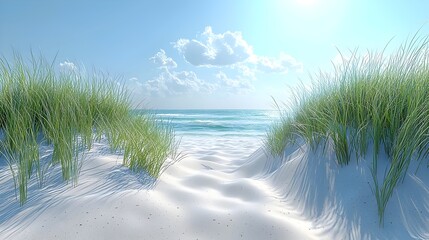 A serene beach scene featuring soft white sand and vibrant green grass framing the tranquil ocean. The sky is bright blue with fluffy clouds creating a peaceful atmosphere.