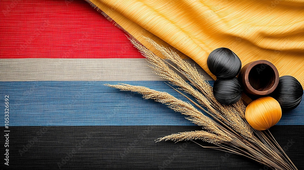 Aufkleber exploring the vibrant textures and colors of traditional fabrics highlighted by natural elements in 