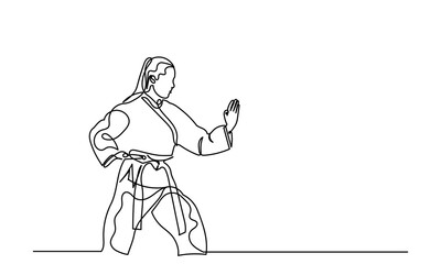 Fototapeta premium Continuous line drawing of female athletes practicing karate.martial arts training and determination, practicing kicks and jumping.sport, martial arts, combat sports, and active lifestyle concepts. 