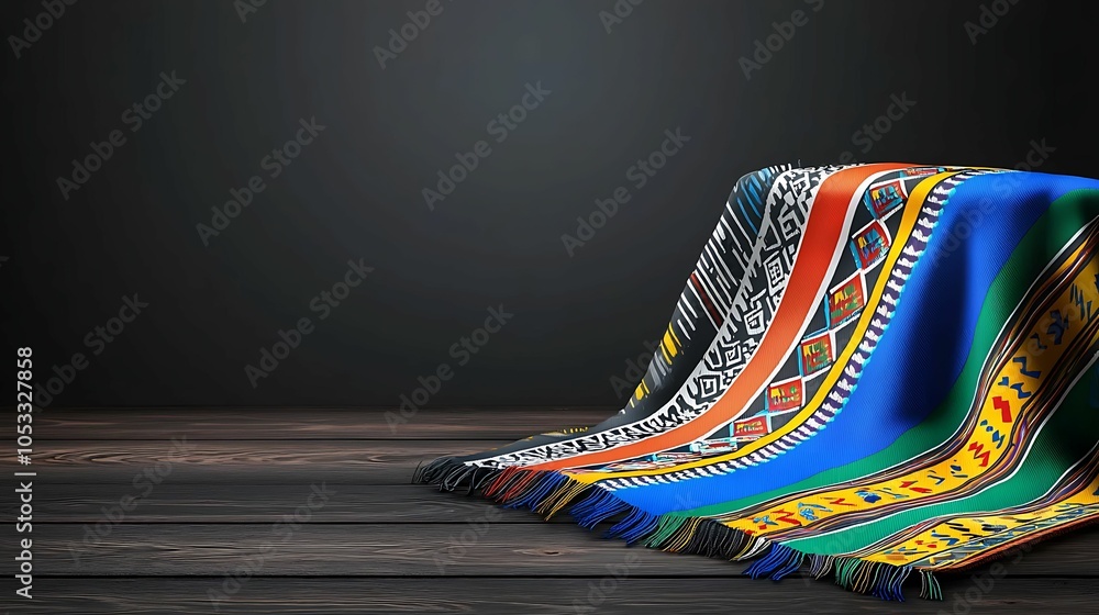 Poster vibrant textiles a colorful display of traditional patterns on a wooden table with dark background