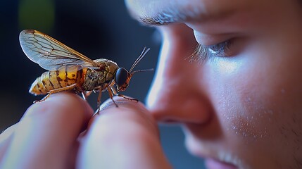 entomologists carefully looking to insect on his hands, scientist working in laboratory,  screwworm fly
