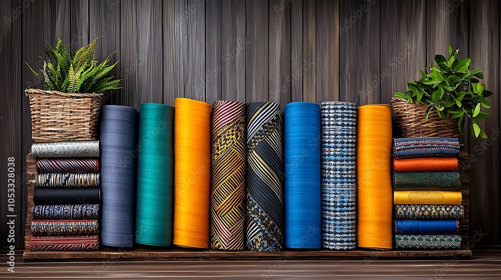Aufkleber a vibrant collection of colorful fabrics displayed with natural elements in a rustic setting for tex