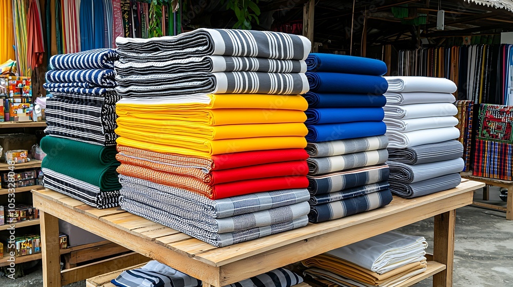 Poster vibrant textiles displayed at a local market a colorful array of folded fabrics in various shades an