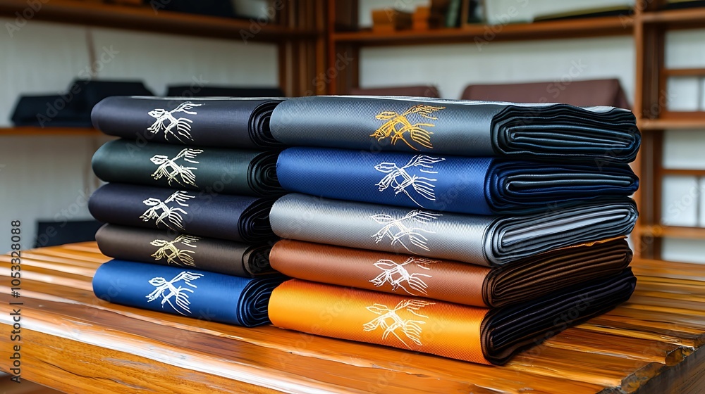 Poster elegant stacked rolls of textiles showcasing rich colors and intricate embroidery in a stylish displ